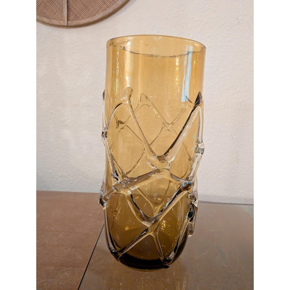 Vtg Hand Blown Amber Glass Lattice Vase Mid Century Modern MCM Pontil Mark 12.5"